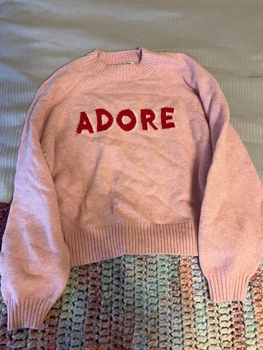 Old Navy Pink Crewneck Sweater with Red ADORE Lettering